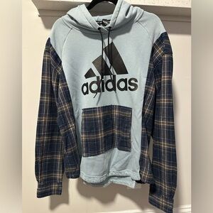 Adidas Black Logo Hoodie with Blue Plaid Sleeves and Pocket